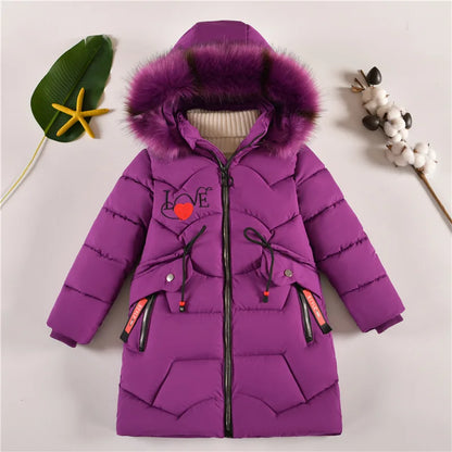5-14 Years Old Winter Boys Girls Jacket Long Style Hooded Fur Collar Colorful Heavy Coat For Kids Children Outerwear