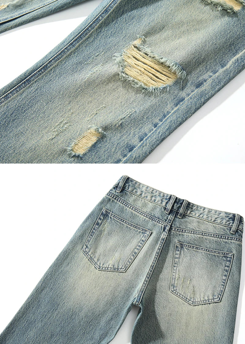 KSTUN Flared Jeans Men Booocut Jean Streetwear Denim Pants Ripped Hollow Out Vintage Jeans Men Distressed Frayed Americian Style