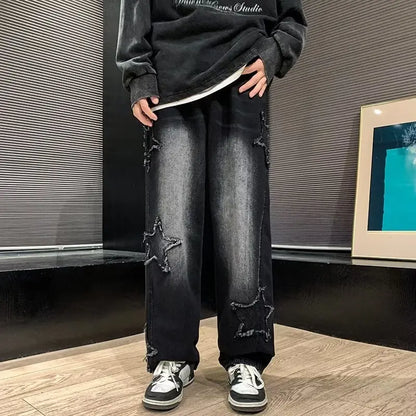 Asian Size American Hiphop Star Jeans Men Pants Men's High Street Trendy Brand Loose Straight Leg Wide Leg Pants Jeans Men Pants