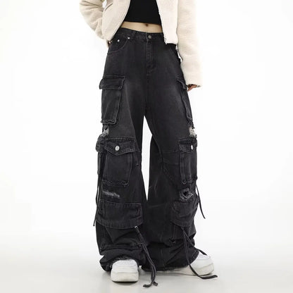 Women Y2k American Retro Mutil Pockets Cargo Jeans 90s Vintage 2000s Jean Pants Trashy Clothes 2025 Black Baggy Cargo Jeans