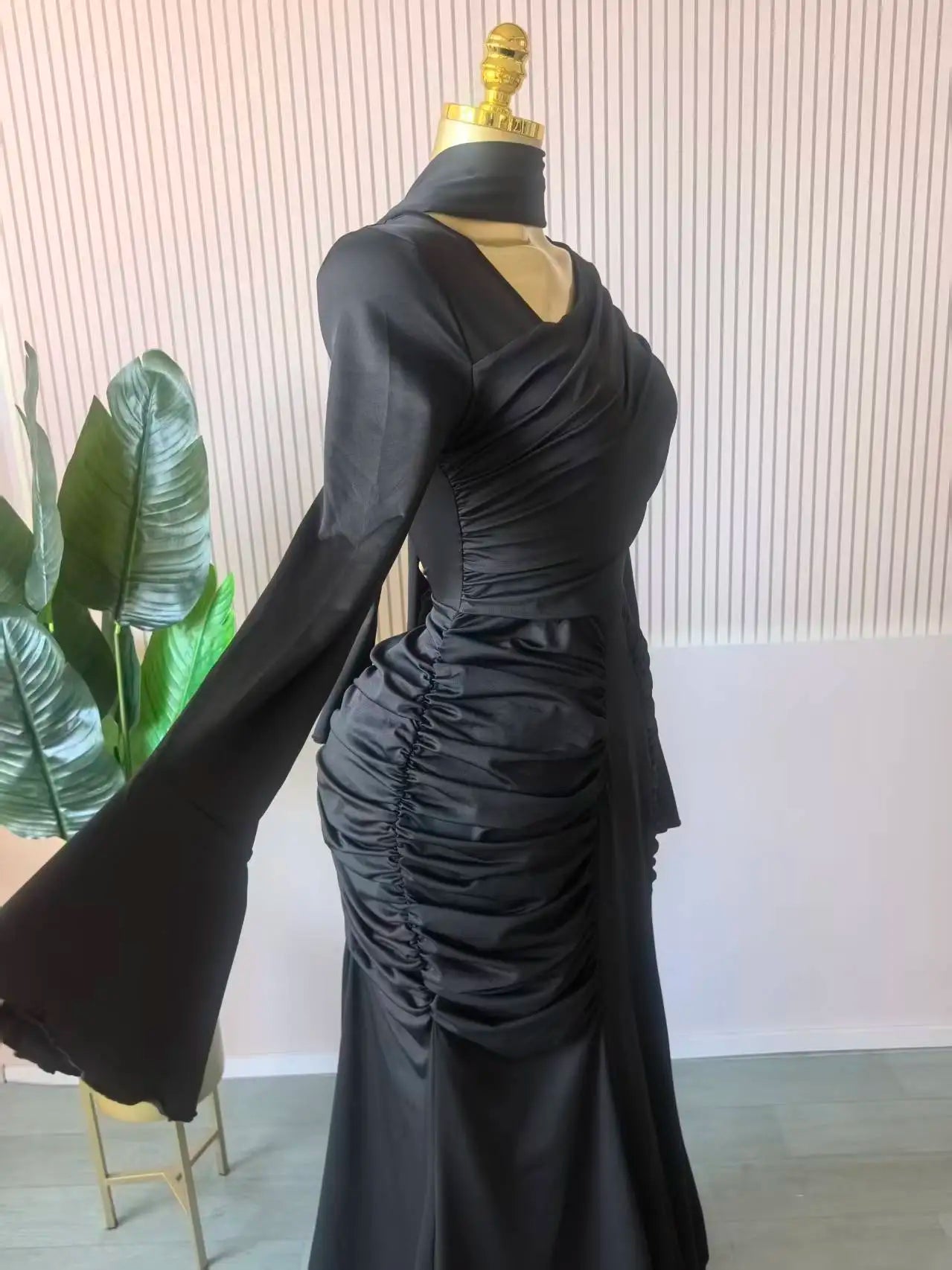 CM.YAYA Women Skew Neck Flare Long Sleeve Ruched Stacked Maxi Long Dress Fall Birthday Evening Sexy Party Dresses with Scarf
