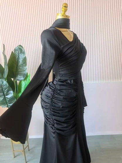 CM.YAYA Women Skew Neck Flare Long Sleeve Ruched Stacked Maxi Long Dress Fall Birthday Evening Sexy Party Dresses with Scarf