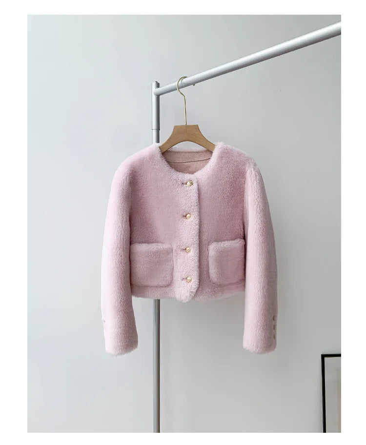 Woman Genuine Sheepskin Jackets Coat Female Winter Shearling Coats Real Lamb Fur O-neck Natural  Outewear  Overcoat G152