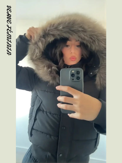Hooded Faux Fur Collar Padded Coat Women Elegant Lantern Full Sleeve Single Breasted Pocket Ruched Winter Coats Chic Outerwears