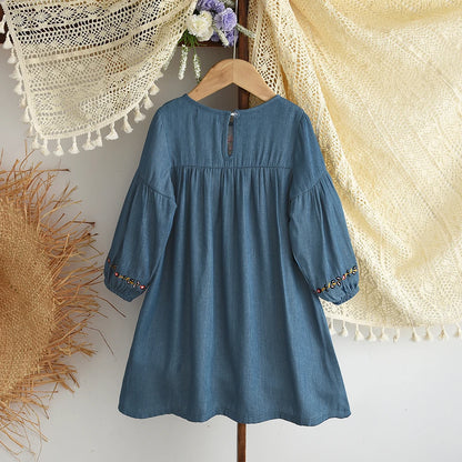 Bear Leader Korean Version Long Sleeve Blue Girls dresses on clearance sale Autumn Imitation Denim Flower Embroidery Dress