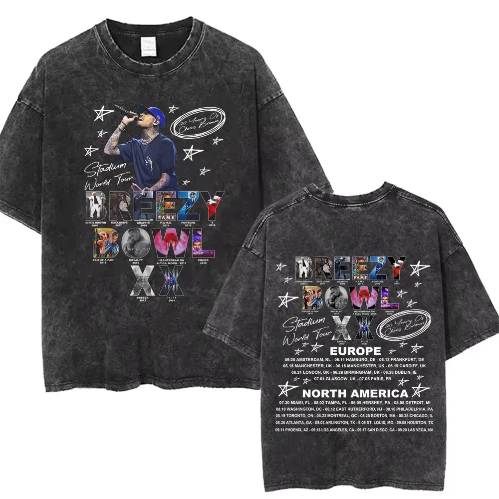 Vintage Washed Chris Brown Graphic T-shirt Breezy Bowl XX Tour 2025 Merch T Shirts Men Women Hip Hop Fashion Oversized T-shirts