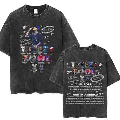 Vintage Washed Chris Brown Graphic T-shirt Breezy Bowl XX Tour 2025 Merch T Shirts Men Women Hip Hop Fashion Oversized T-shirts