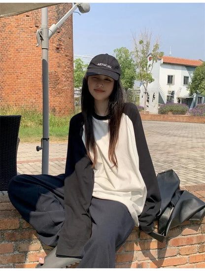 Casual Oversized T Shirt Y2k Tops Harajuku Long Sleeve O-Neck T-Shirts Spring Autumn Black White Patchwork Tees Women Streetwear
