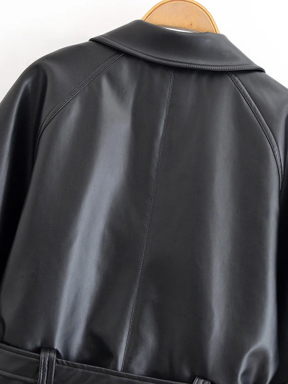 HH Women Vintage Motorcycle Jacket With Belt Faux Leather Trench Coat Long Sleeve Lapel Zipper Jacket Autumn High Street Outwear