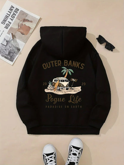 Cozy Hoodie Women's Casual Hoodie  Outer Banks Pogue Life Letter Print  Beach Graphic Kangaroo Pocket Cozy Autumn Apparel Trendy