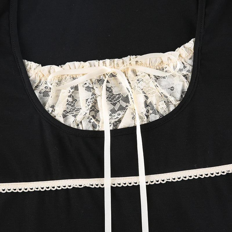 Y2k Lace Trim Crop Top Bow Cute Sweet Square Neck Tee Short Sleeve Harajuku Casual T Shirt Women Prepply Retro Korean Top Summer