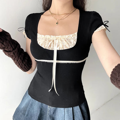 Y2k Lace Trim Crop Top Bow Cute Sweet Square Neck Tee Short Sleeve Harajuku Casual T Shirt Women Prepply Retro Korean Top Summer