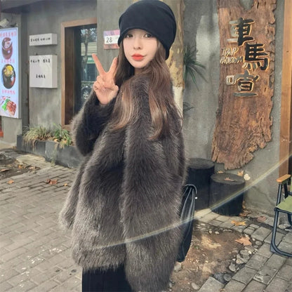 Winter Jacket New Furry Coat Womens Clothing Slim Fur One lmitation Fox Fur Jacket V-neck High Grade Loose Casual Top Womens