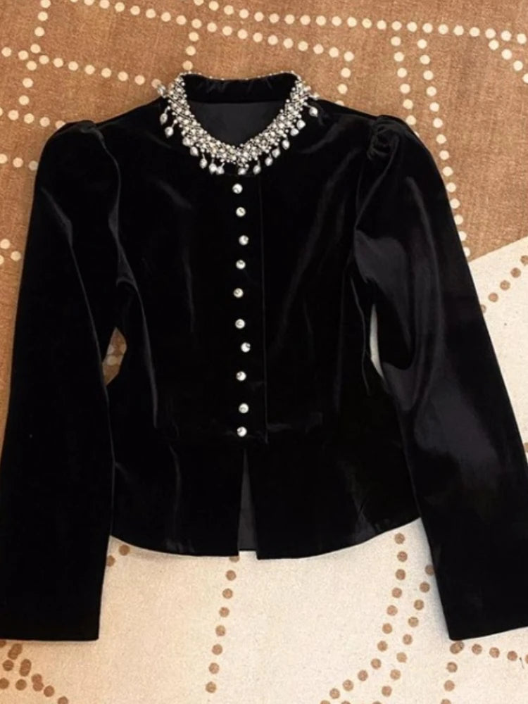 Blouses for Women Black Heavy Beading O-neck Puff Sleeve Shirts 2025 Blusas Mujer De Moda Slim Fit Velvet Vintage Blouse Tops