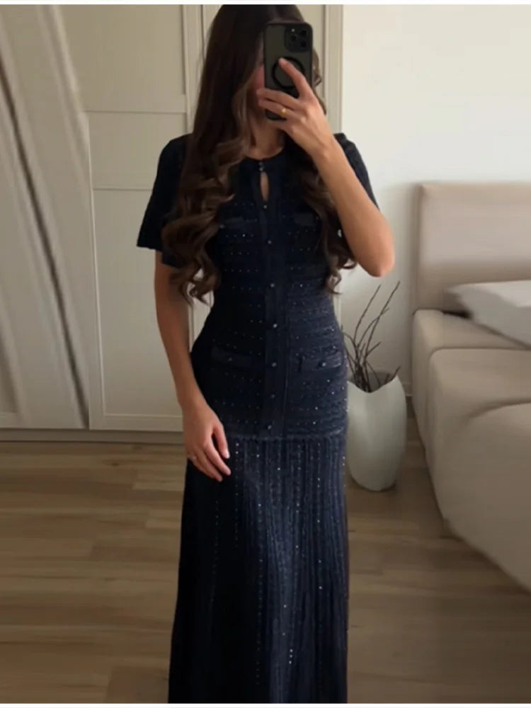 Summer Luxury Navy Blue Tweed Knit Maxi Dress Women Elegant Short Sleeve Button Front Pocket Mermaid Hem Formal Party Outfit New