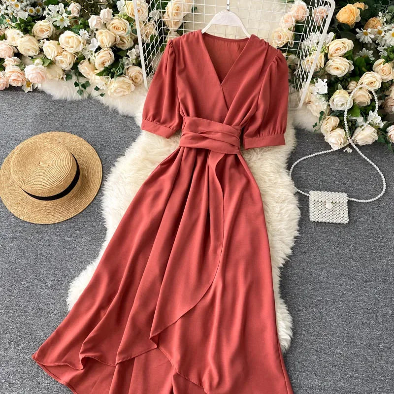 Women's Dress Spring New Temperament V-neck Solid Color Bubble Short-sleeved Irregular Ruffle Edge Lacing Dress Leisure Vestidos