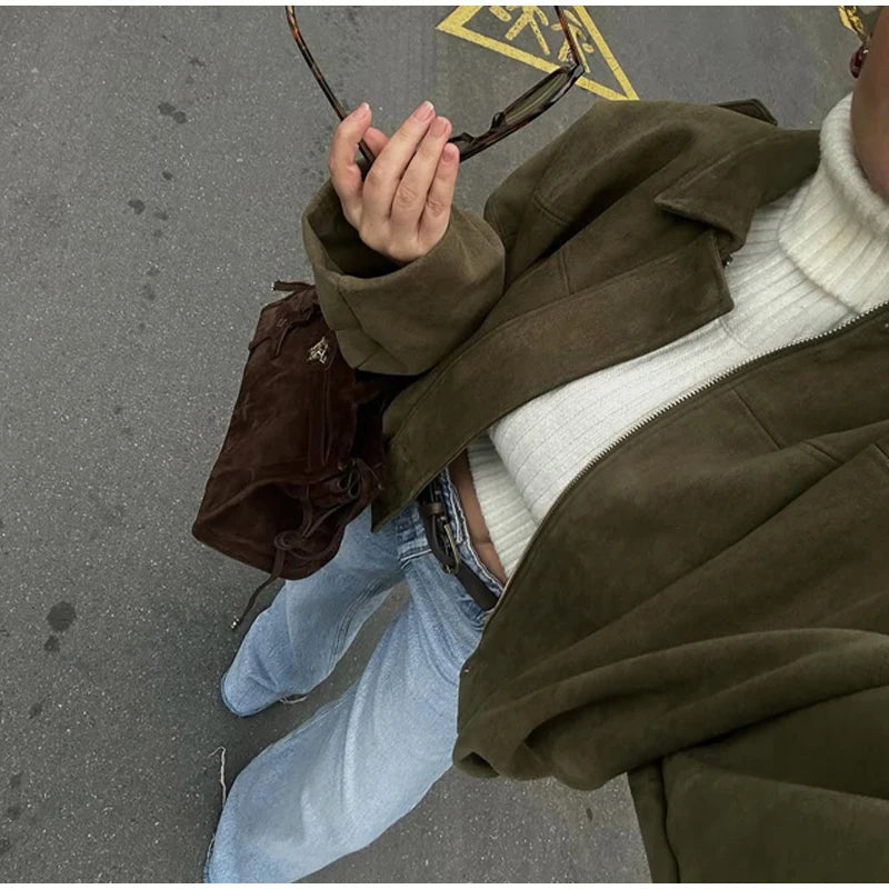 Single Breasted Buckle Casual Suede Jacket Women Chic Shoulder Pad Full Sleeve Lapel Slim Coat Autumn Lady New Highstreet Wear