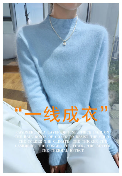 100% Pure Mink Cashmere Knitted Sweater Women's Semi-High Neck Loose Pullovers Casual Joker Warm Bottoming Shirt Autumn Blouse