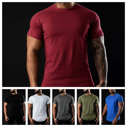 Men Cotton Gym t-Shirt Short Sleeve t-Shirts Male Round Neck Casual Tops Slim Fit t Shirt Breathable Soild Tee Shirt Man Clothes