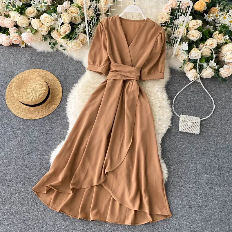 Women's Dress Spring New Temperament V-neck Solid Color Bubble Short-sleeved Irregular Ruffle Edge Lacing Dress Leisure Vestidos
