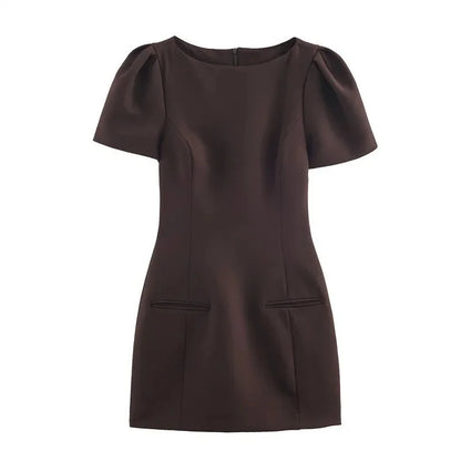 Elegant Puff Sleeve Party Dresses Women Solid Pockets A-line Slim Zipper Mini Dress Ladies Office Outfit Club Evening 2026 Fashi
