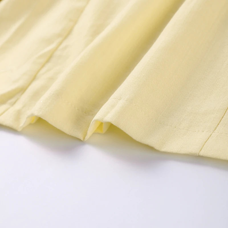Casual Yellow Short Puff Sleeve Women Dress Loose Solid O-neck Pleated High Waist Female Maxi Dresses 2025 Summer Chic Lady Robe