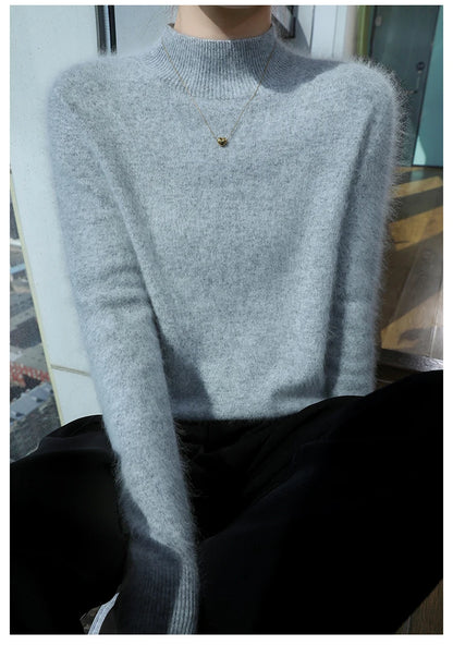 100% Pure Mink Cashmere Knitted Sweater Women's Semi-High Neck Loose Pullovers Casual Joker Warm Bottoming Shirt Autumn Blouse