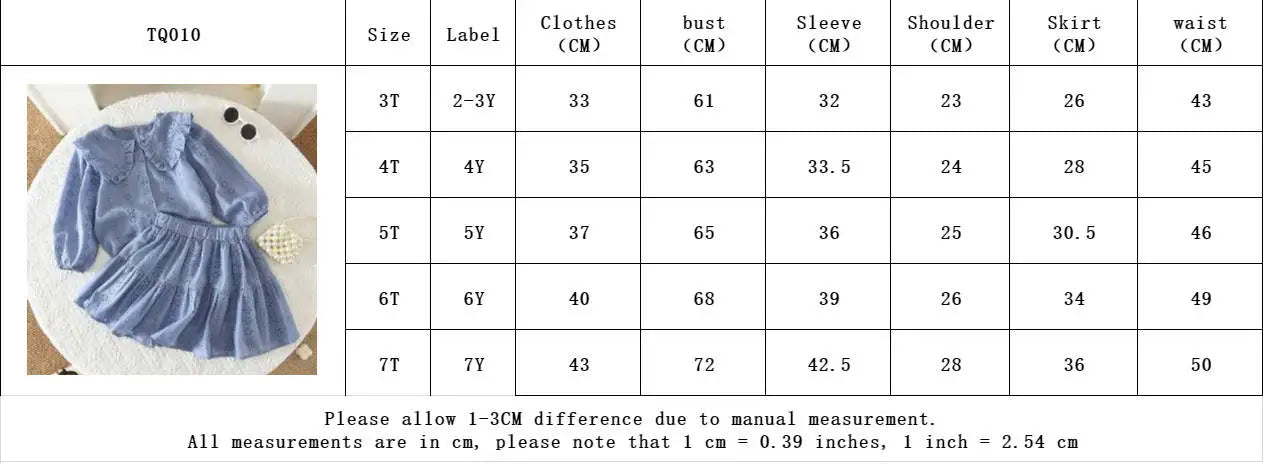 Bear Leader Blue Embroidered Flower Kids Clothes Girls Autumn Long Sleeved Lapel Single Breasted Shirt Top+Short Skirt 2Pcs Set