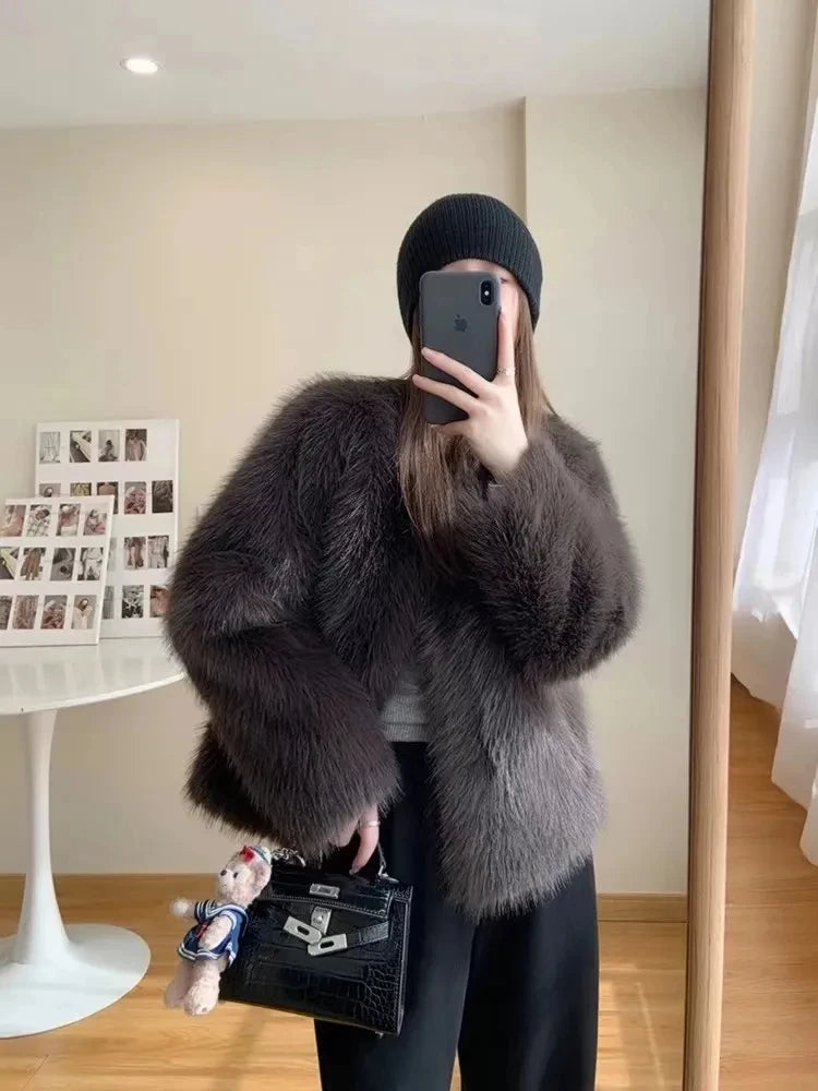 Winter Jacket New Furry Coat Womens Clothing Slim Fur One lmitation Fox Fur Jacket V-neck High Grade Loose Casual Top Womens