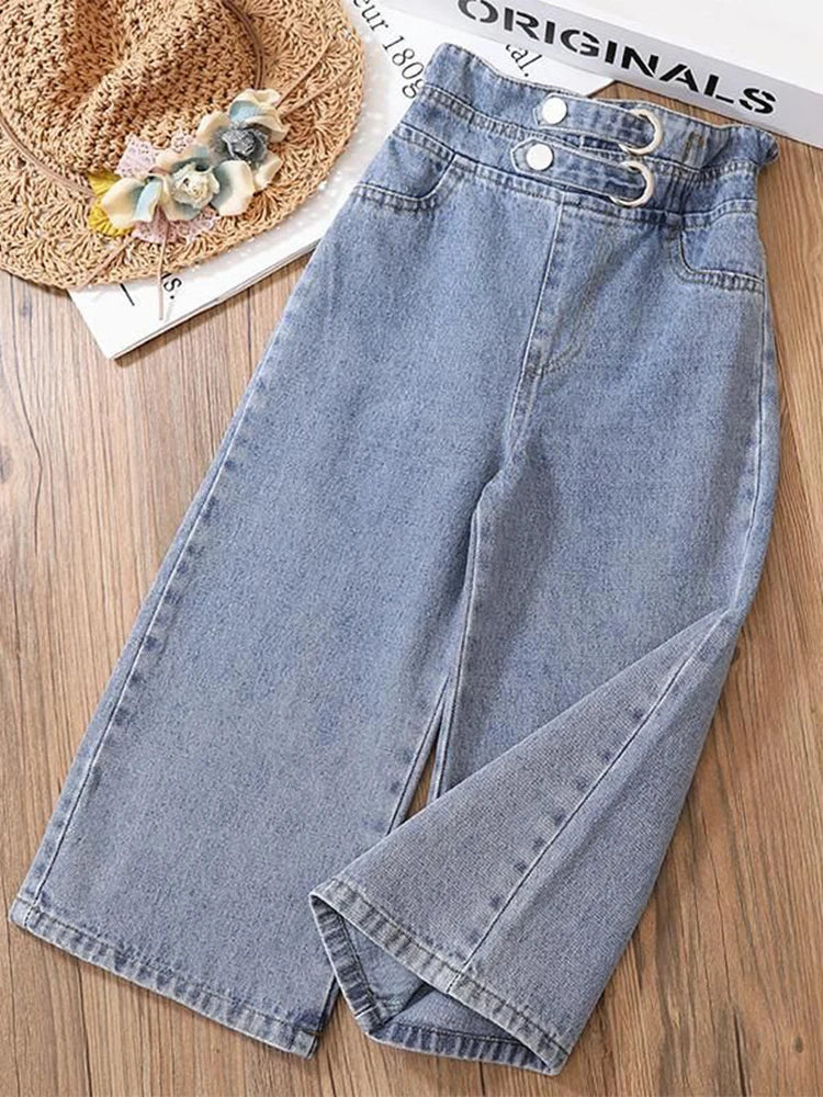 Girls' Wide-Leg Jeans Versatile Style 2025 Fashionable Big Kids Leisure Pants Spring And Autumn Girl Loose Double Waist Trousers