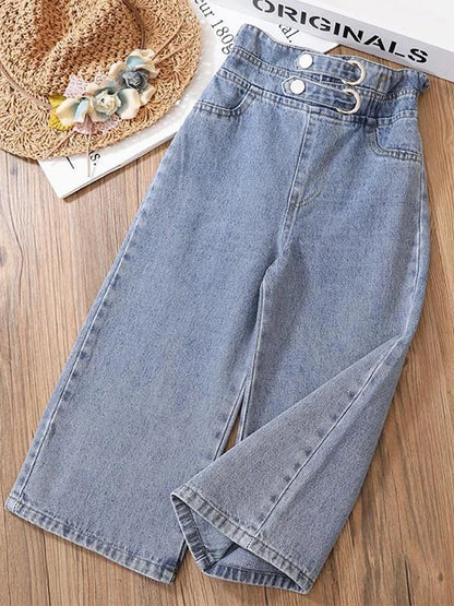 Girls' Wide-Leg Jeans Versatile Style 2025 Fashionable Big Kids Leisure Pants Spring And Autumn Girl Loose Double Waist Trousers