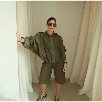 Single Breasted Buckle Casual Suede Jacket Women Chic Shoulder Pad Full Sleeve Lapel Slim Coat Autumn Lady New Highstreet Wear
