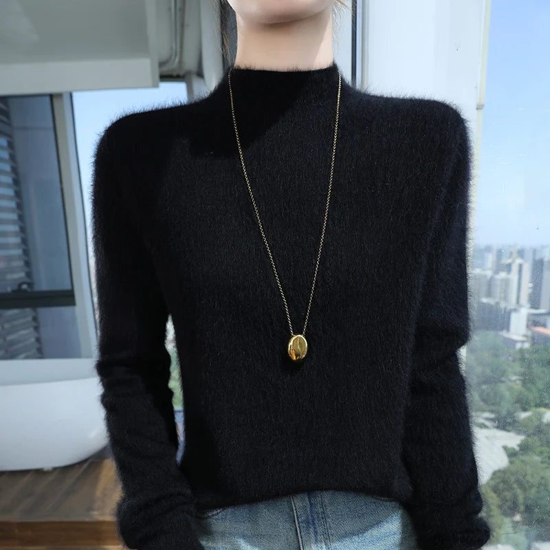 100% Pure Mink Cashmere Knitted Sweater Women's Semi-High Neck Loose Pullovers Casual Joker Warm Bottoming Shirt Autumn Blouse