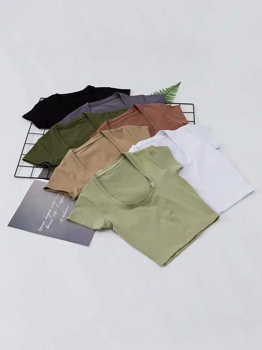 U-Neck Crop Top Solid Color Women Casual High Waist T Shirt Basic Sexy Streetwear Short Sleeve Slimming