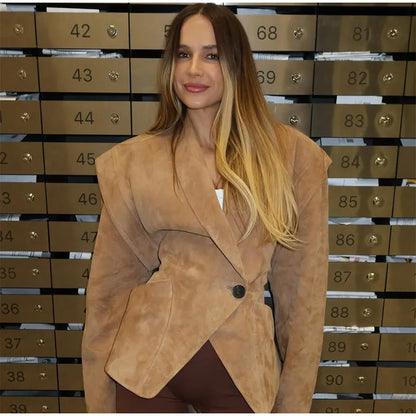 Single Breasted Buckle Casual Suede Jacket Women Chic Shoulder Pad Full Sleeve Lapel Slim Coat Autumn Lady New Highstreet Wear