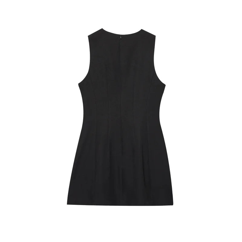 ETJ2025 summer new  women's ZW series elegant simple classic puffy round neck sleeveless waist short dress