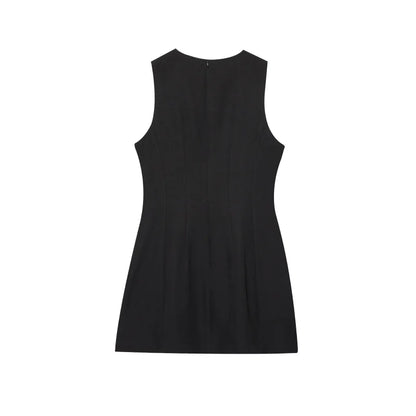 ETJ2025 summer new  women's ZW series elegant simple classic puffy round neck sleeveless waist short dress