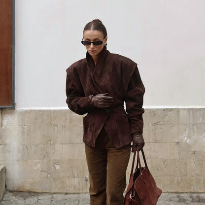 Single Breasted Buckle Casual Suede Jacket Women Chic Shoulder Pad Full Sleeve Lapel Slim Coat Autumn Lady New Highstreet Wear