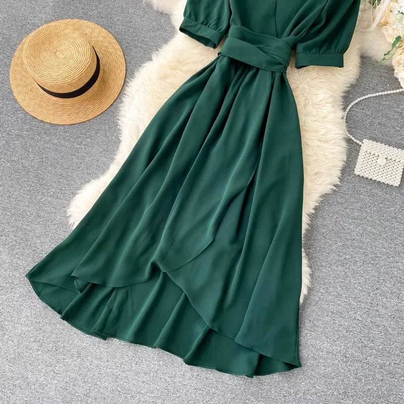Women's Dress Spring New Temperament V-neck Solid Color Bubble Short-sleeved Irregular Ruffle Edge Lacing Dress Leisure Vestidos