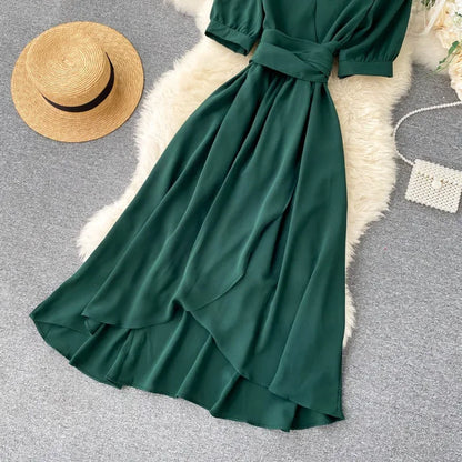 Women's Dress Spring New Temperament V-neck Solid Color Bubble Short-sleeved Irregular Ruffle Edge Lacing Dress Leisure Vestidos
