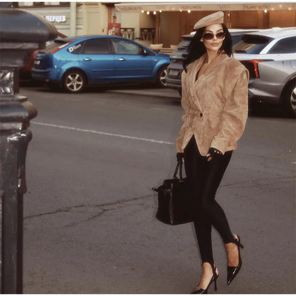 Single Breasted Buckle Casual Suede Jacket Women Chic Shoulder Pad Full Sleeve Lapel Slim Coat Autumn Lady New Highstreet Wear