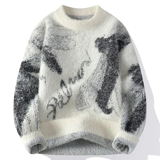 Vintage Contrasting Color Sweater Men's Casual Knitted Long Sleeved Bottom Printed Pullover Harajuku Half-high Collar Sweaters