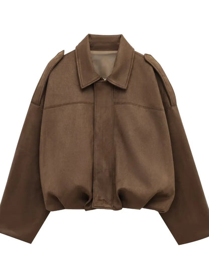 Single Breasted Buckle Casual Suede Jacket Women Chic Shoulder Pad Full Sleeve Lapel Slim Coat Autumn Lady New Highstreet Wear