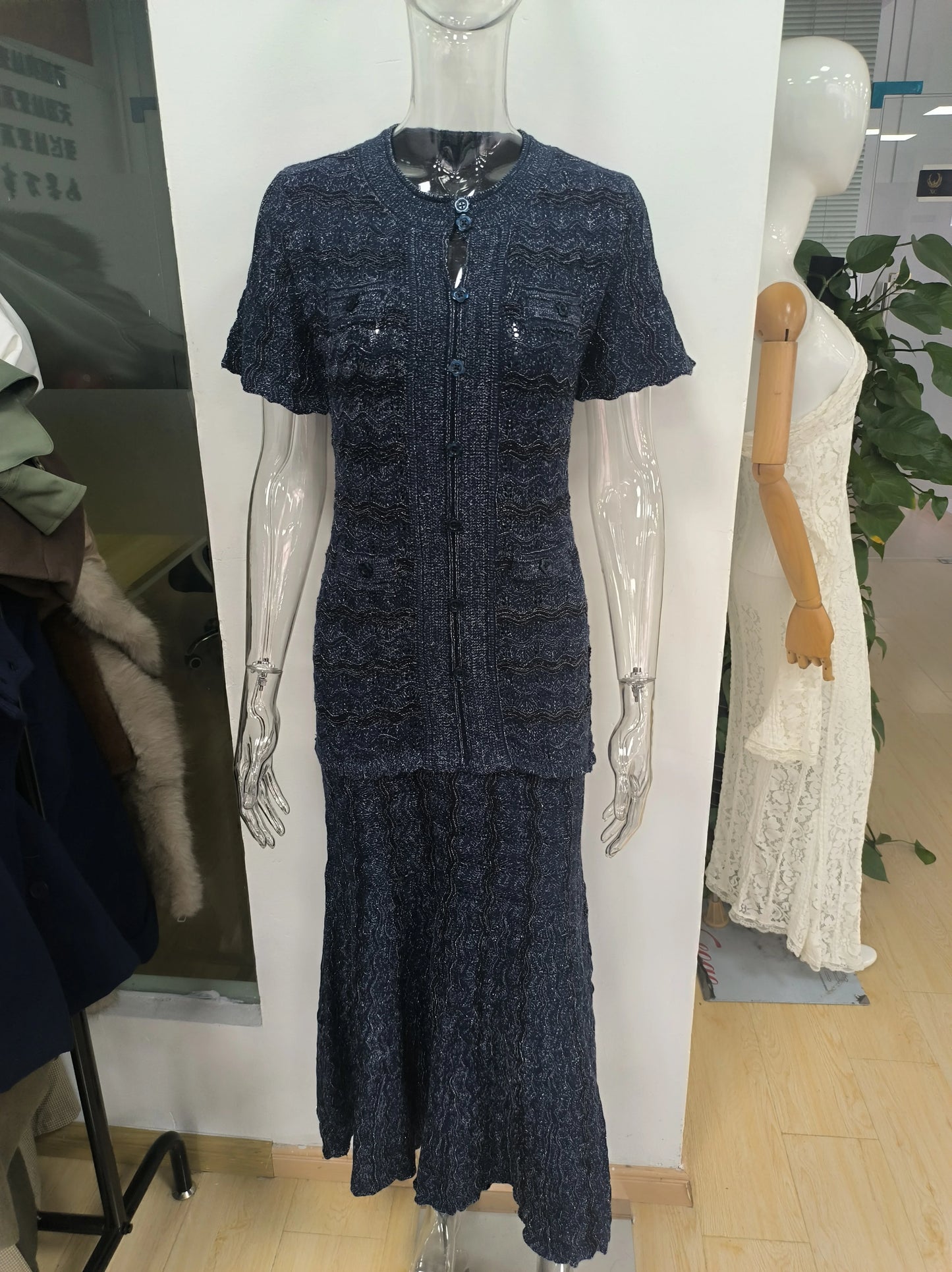 Summer Luxury Navy Blue Tweed Knit Maxi Dress Women Elegant Short Sleeve Button Front Pocket Mermaid Hem Formal Party Outfit New