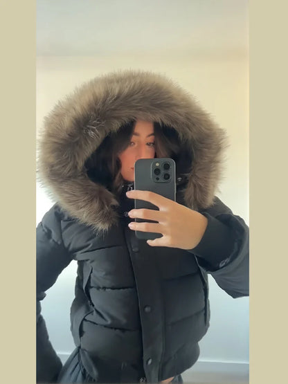 Hooded Faux Fur Collar Padded Coat Women Elegant Lantern Full Sleeve Single Breasted Pocket Ruched Winter Coats Chic Outerwears