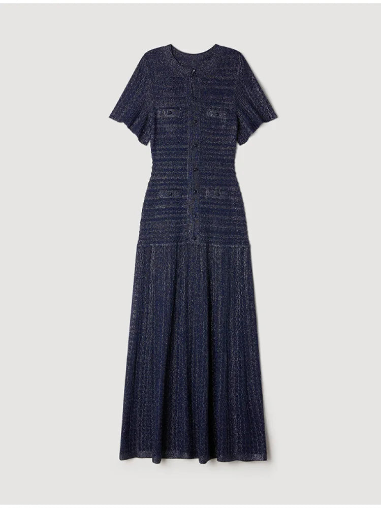 Summer Luxury Navy Blue Tweed Knit Maxi Dress Women Elegant Short Sleeve Button Front Pocket Mermaid Hem Formal Party Outfit New