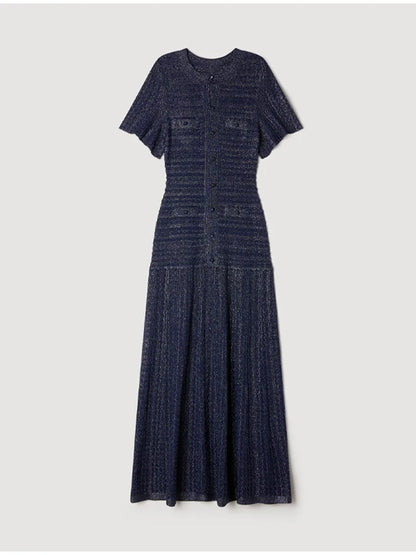 Summer Luxury Navy Blue Tweed Knit Maxi Dress Women Elegant Short Sleeve Button Front Pocket Mermaid Hem Formal Party Outfit New