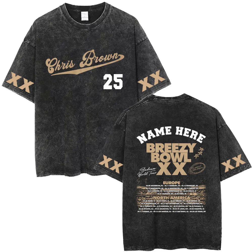 Vintage Washed Chris Brown Graphic T-shirt Breezy Bowl XX Tour 2025 Merch T Shirts Men Women Hip Hop Fashion Oversized T-shirts