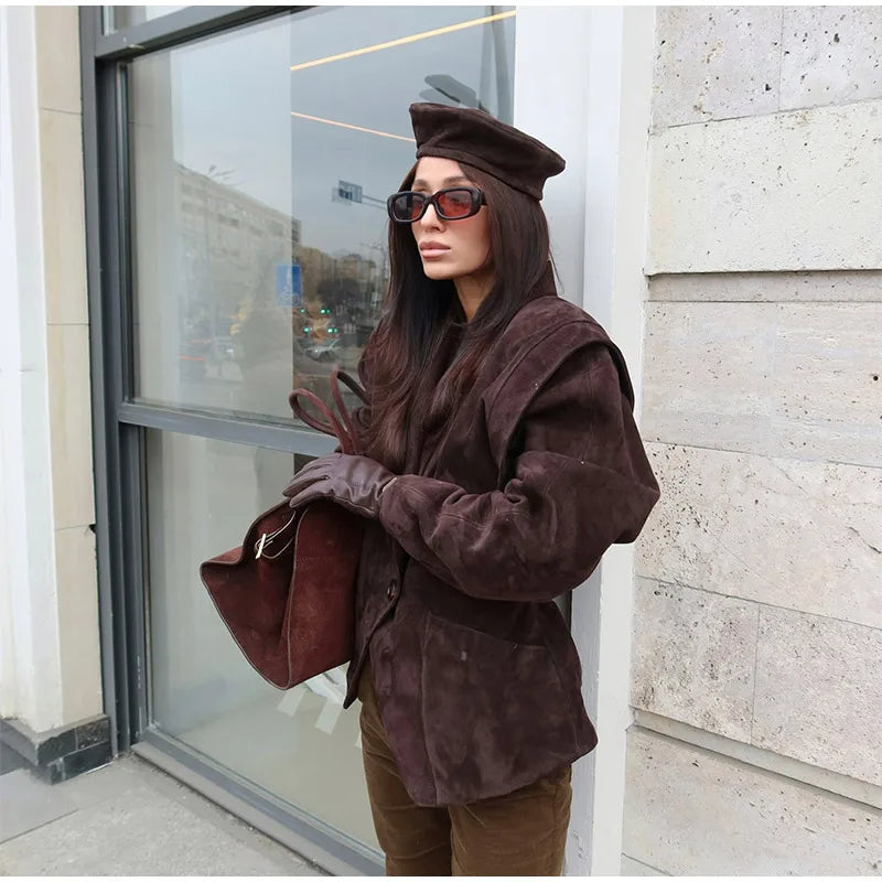 Single Breasted Buckle Casual Suede Jacket Women Chic Shoulder Pad Full Sleeve Lapel Slim Coat Autumn Lady New Highstreet Wear