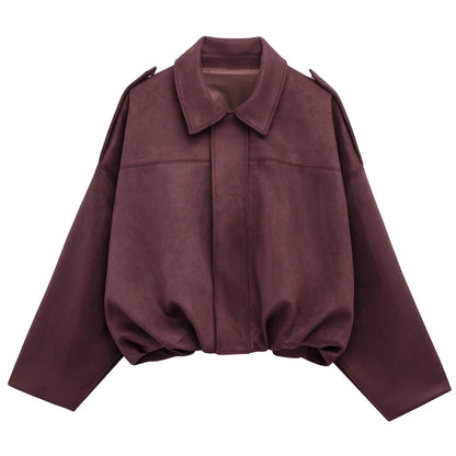 HXAO Women's Bomber Jacket Lapel Long Sleeve Zipper Suede Jacket Women 2025 High Street Cropped Racing Jackets Coats Outerwears